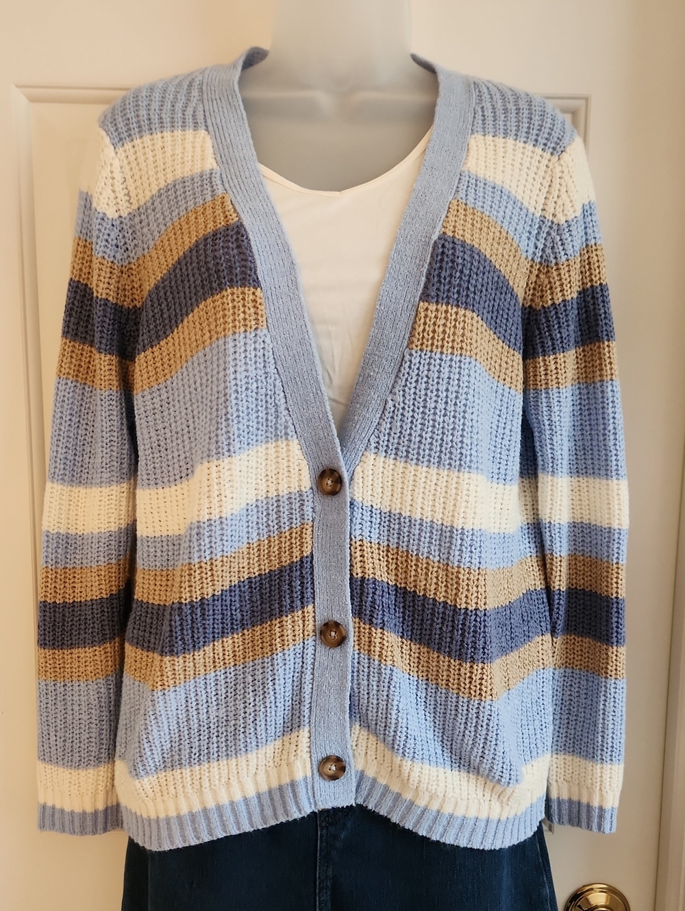 SOYACONCEPT Cardigan Sweater Light Blue Striped Button-Front